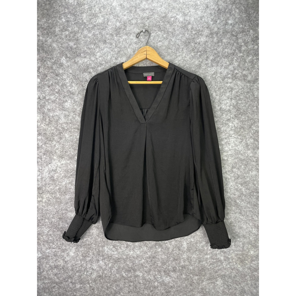 Vince Camuto Blouse Womens Small Black Long Sleeve Smocked Cuff V Neck Top